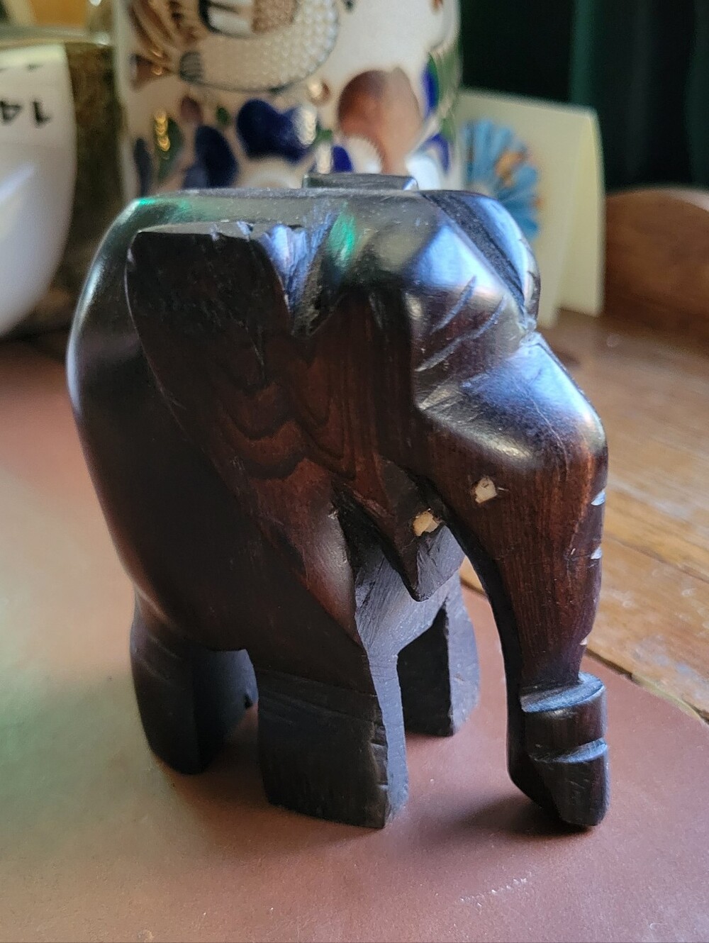 Vintage Hand Carved Wood Elephant Figurine Dark Hardwood Statue Folk Art 3.5"